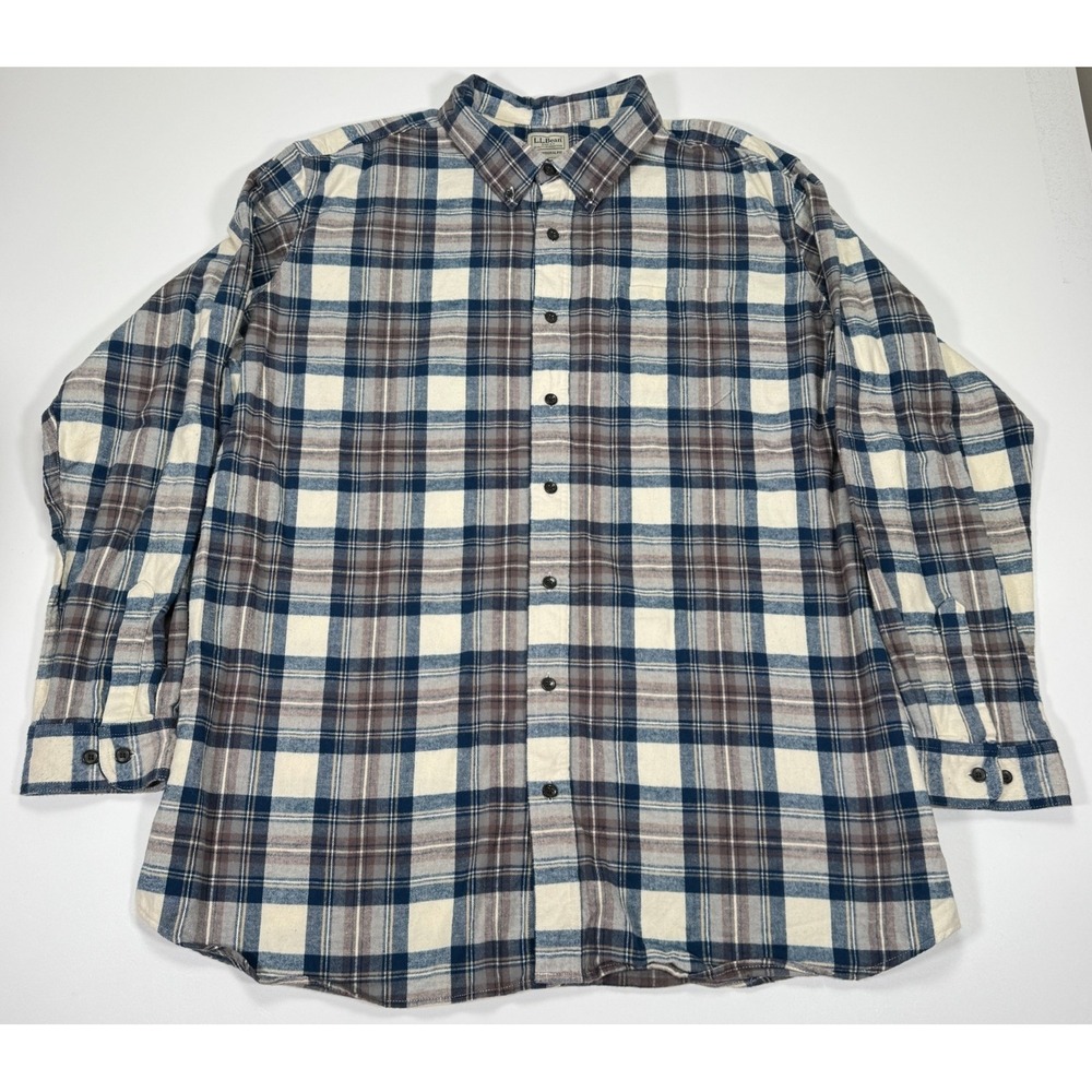 L.L.Bean Mens 3XLT Plaid Flannel Shirt Blue Brown Traditional Fit Cotton Outdoor